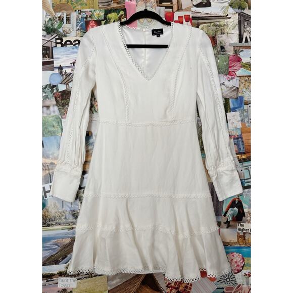 White Bardot Crochet V-Neck Mini Dress with Flounce Hem US 6 - Picture 2 of 10